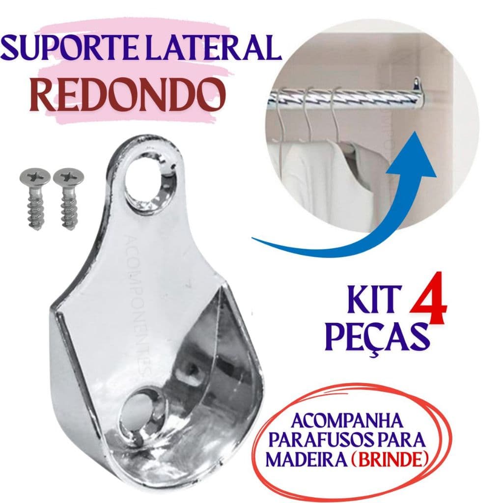 4 Peças - Suporte Lateral Para Guarda Roupa Tubo Cabideiro Redondo Com Parafusos de Fixação