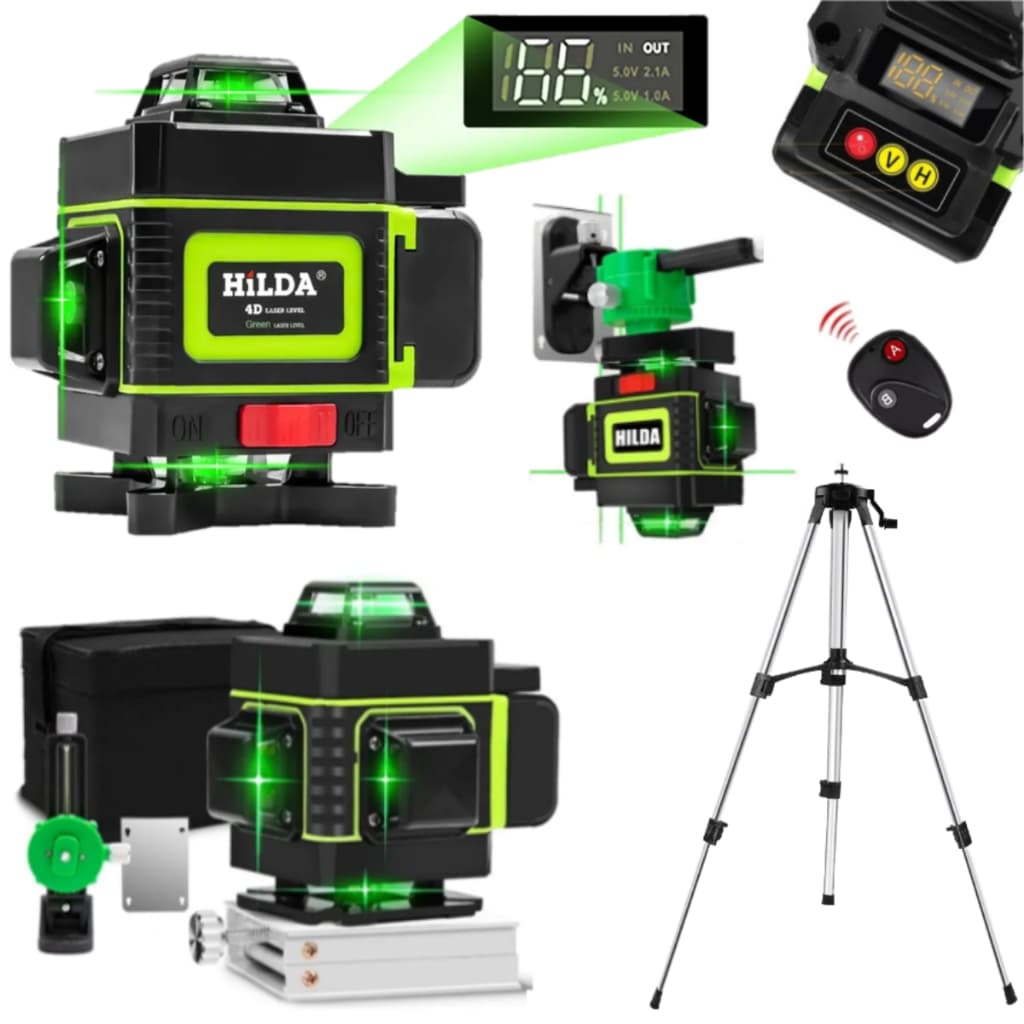 Nível Laser 16 Linhas Verde 1 Bateria Recarregável Display 4d 360° Profissional Tripé Alumínio 1,2m