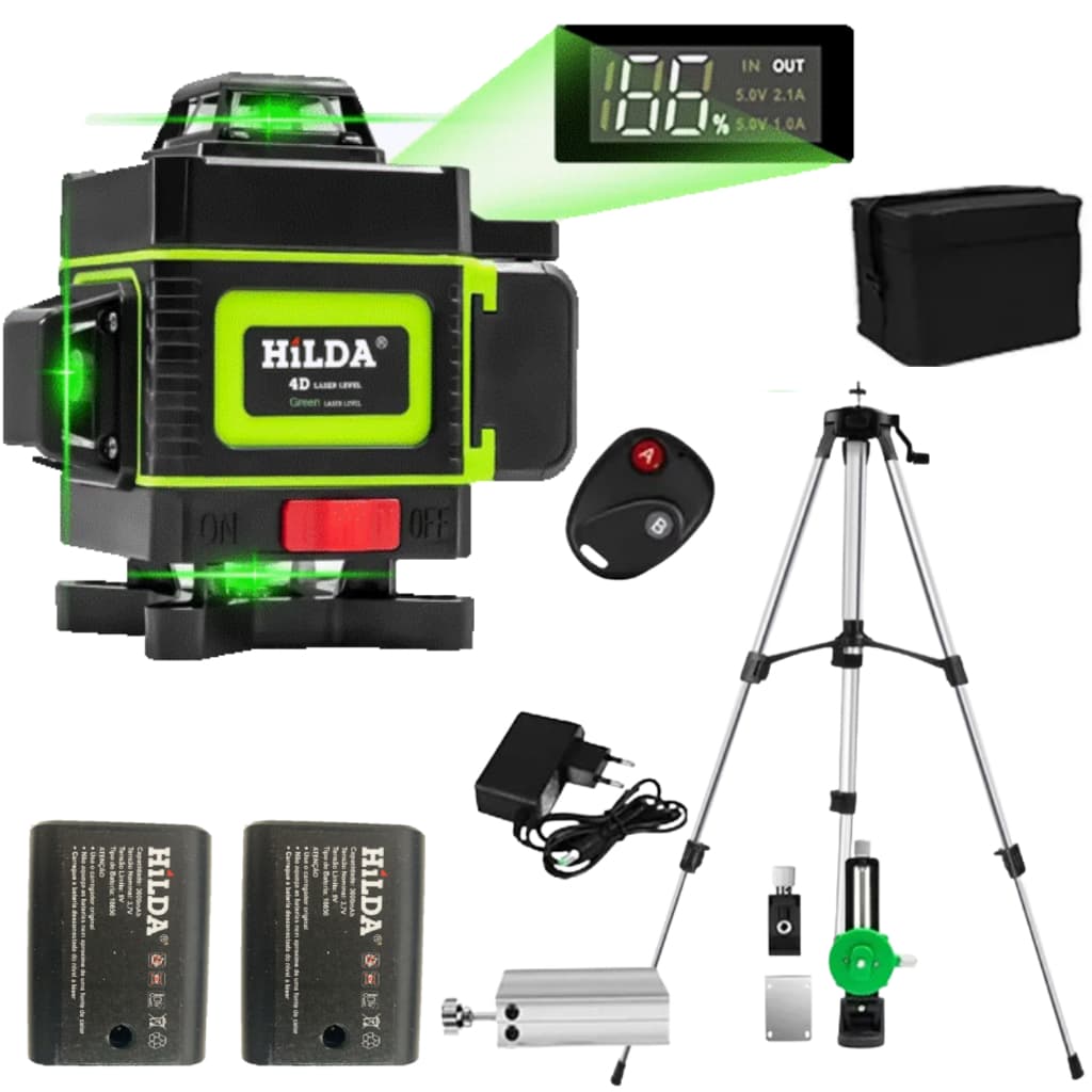 Nível a laser 16 linhas verde HILDA 4D 360 2 baterias recarregável com tripé de alumínio 1,2m
