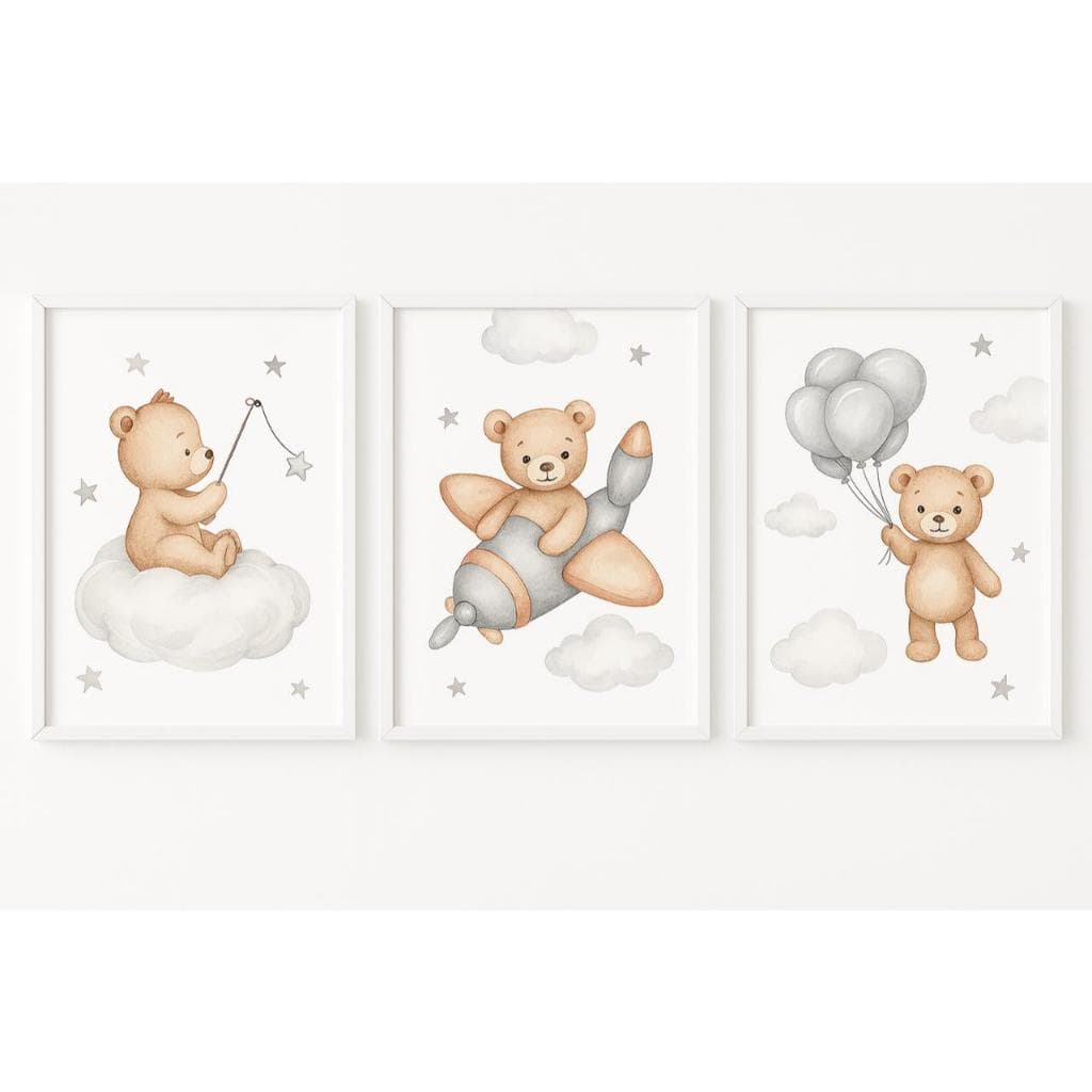 Kit 3 Quadros Decorativos Ursinhos Sonhadores - Para Quarto de Bebê com Tema Lúdico e Aconchegante