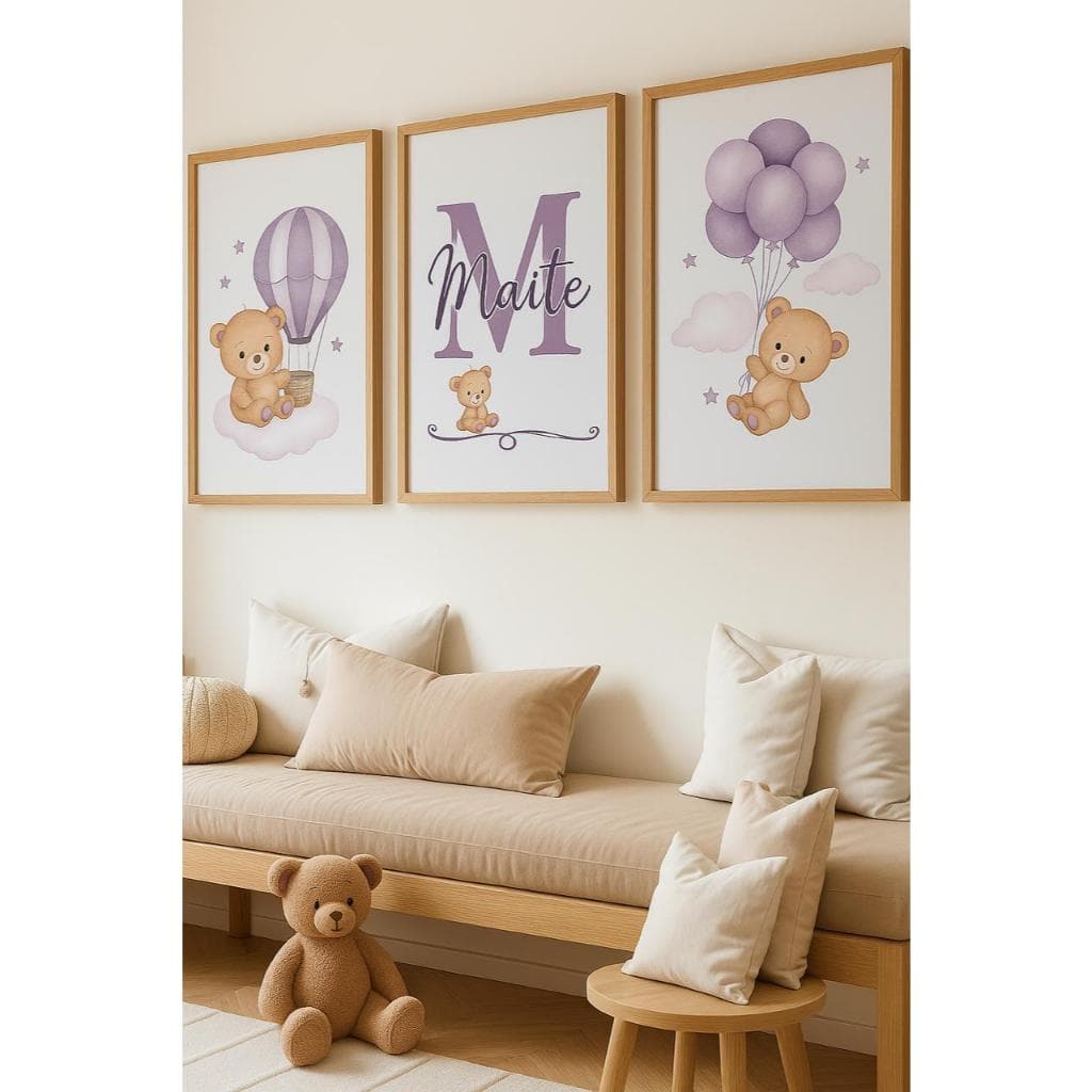 Kit 3 Quadros Decorativos Personalizados  Ursinhos Balões e Nome Infantil para Quarto de Bebê Menina