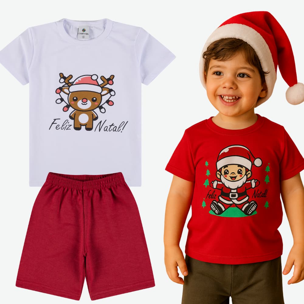 Conjunto Infantil Menino de Natal | Conjunto Menino de Natal | Roupa Infantil Menino Blusa+Bermuda