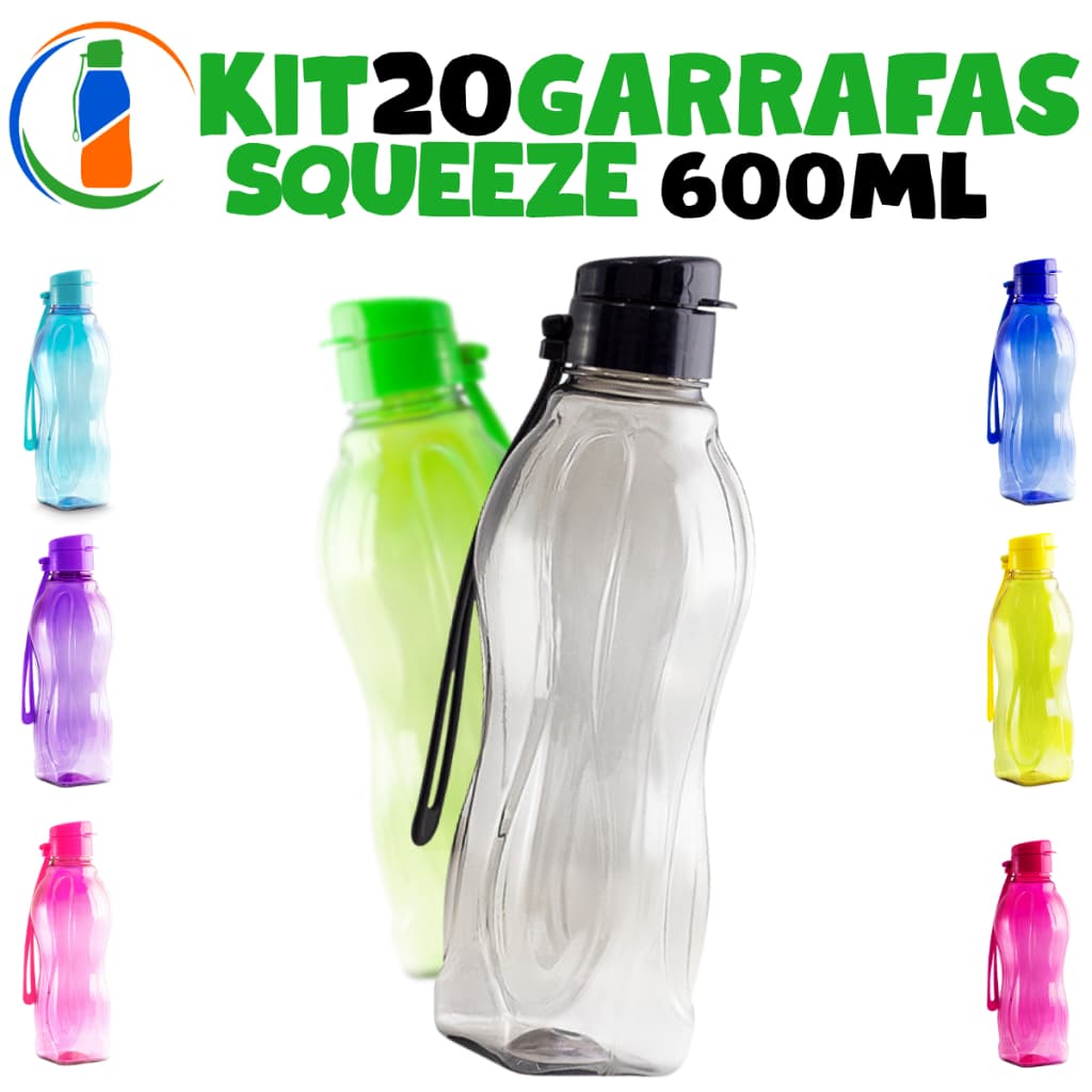 Kit 20 Garrafas Squeeze 600ml – Hidratação Fácil e Rápida