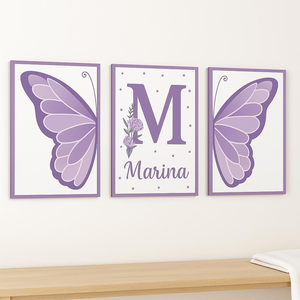 Kit 3 Quadros Decorativos Borboletas Nome Personalizado Para Quarto Infantil com Tema Delicado