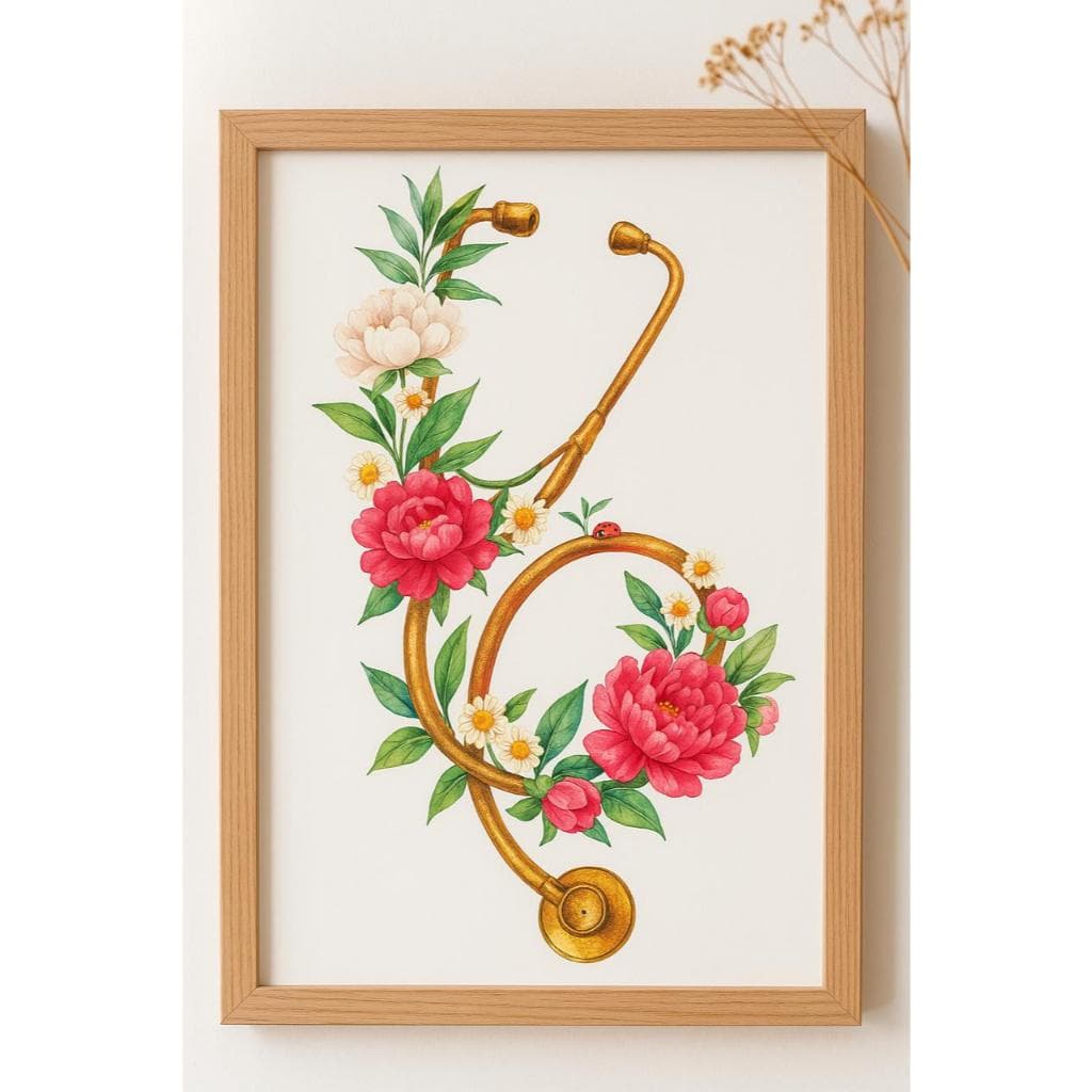 Quadro Decorativo Estetoscópio com Flores para Consultório Médico Enfermagem Escritório