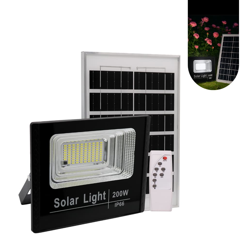Refletor Led Solar 200w Holofote Com Placa Bateria à Prova Dágua Externo Ip66