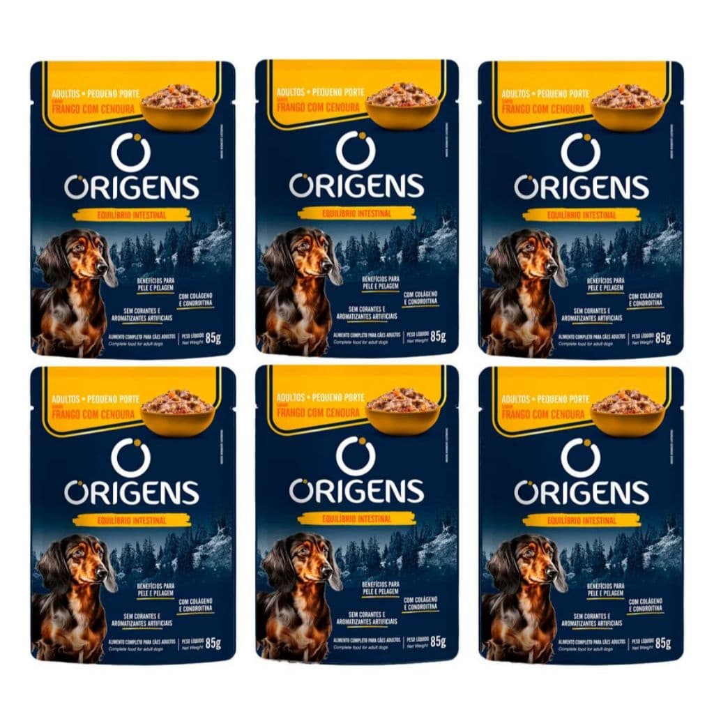 Kit 6 Saches Origens para Cães Adultos de Porte Pequeno Sabor Frango com Cenoura 85g cada