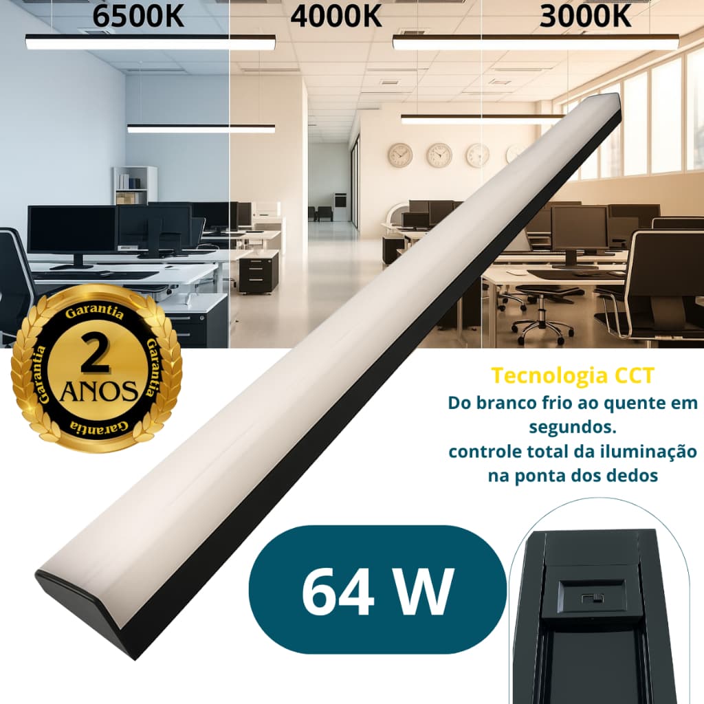 Luminária Linear LED Sobrepor/Pendente 64W 3 tonalidades 120cm Bivolt Escritório Loja