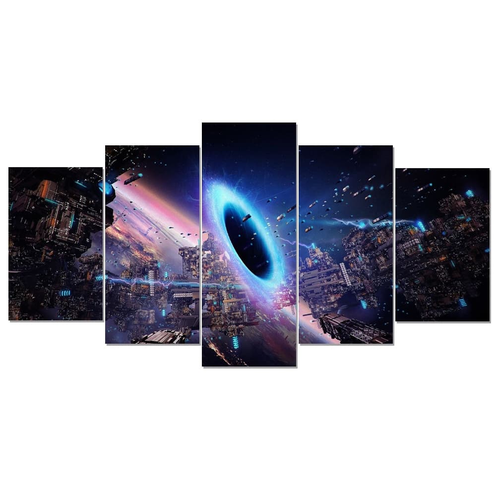 Quadro Decorativo Mosaico 5 Peças Buraco Negro Universo Planeta Espacial Sala Quarto e Hall Geek