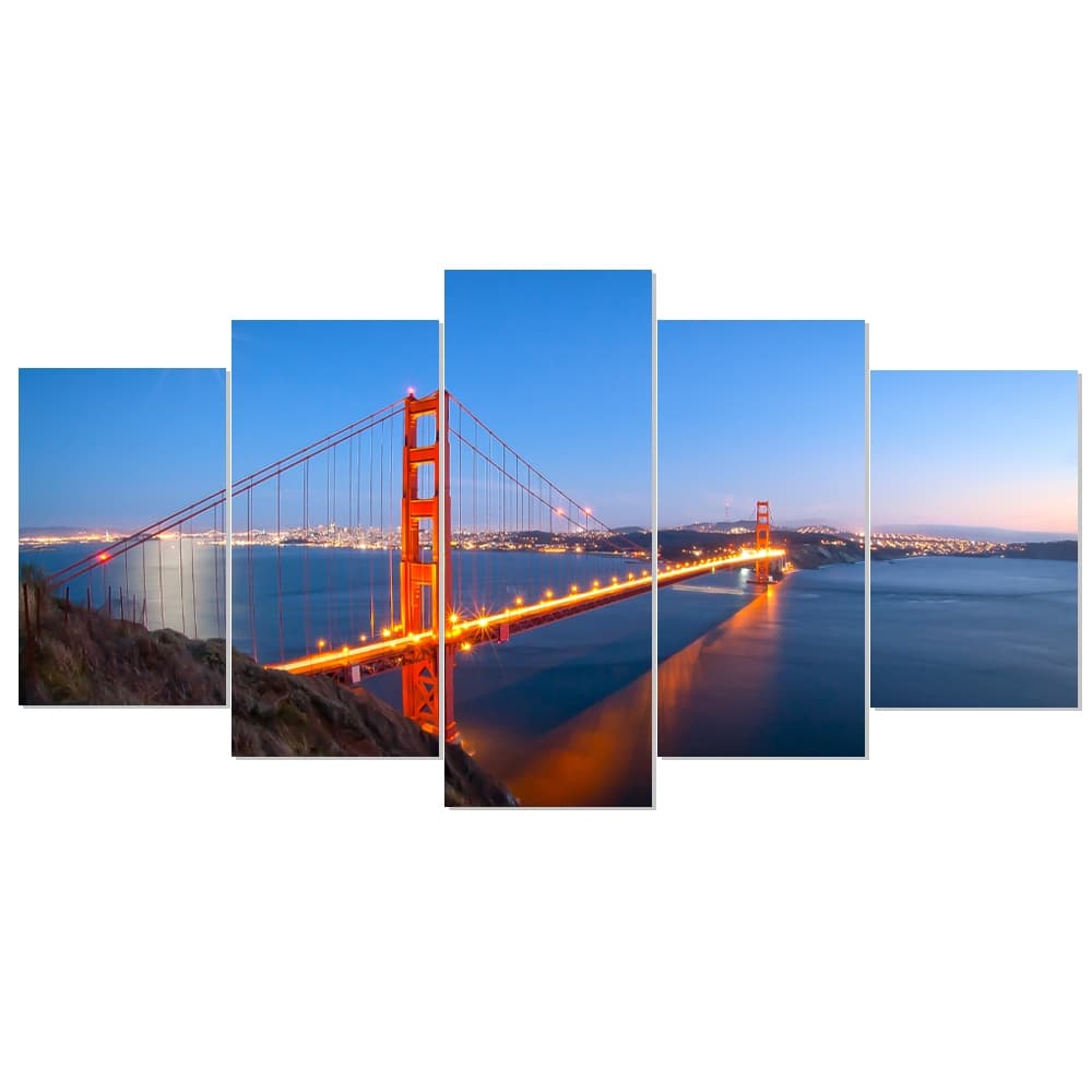 Quadro Decorativo Mosaico 5 Peças Ponte Golden Gate California Paisagem Sala Quarto e Hall Top