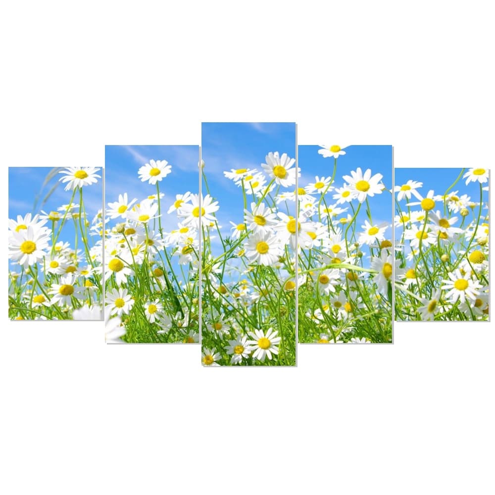 Quadro Decorativo Mosaico 5 Peças Margaridas Brancas Amarelas Jadrim Charme Luxo Sala Quarto e Hall