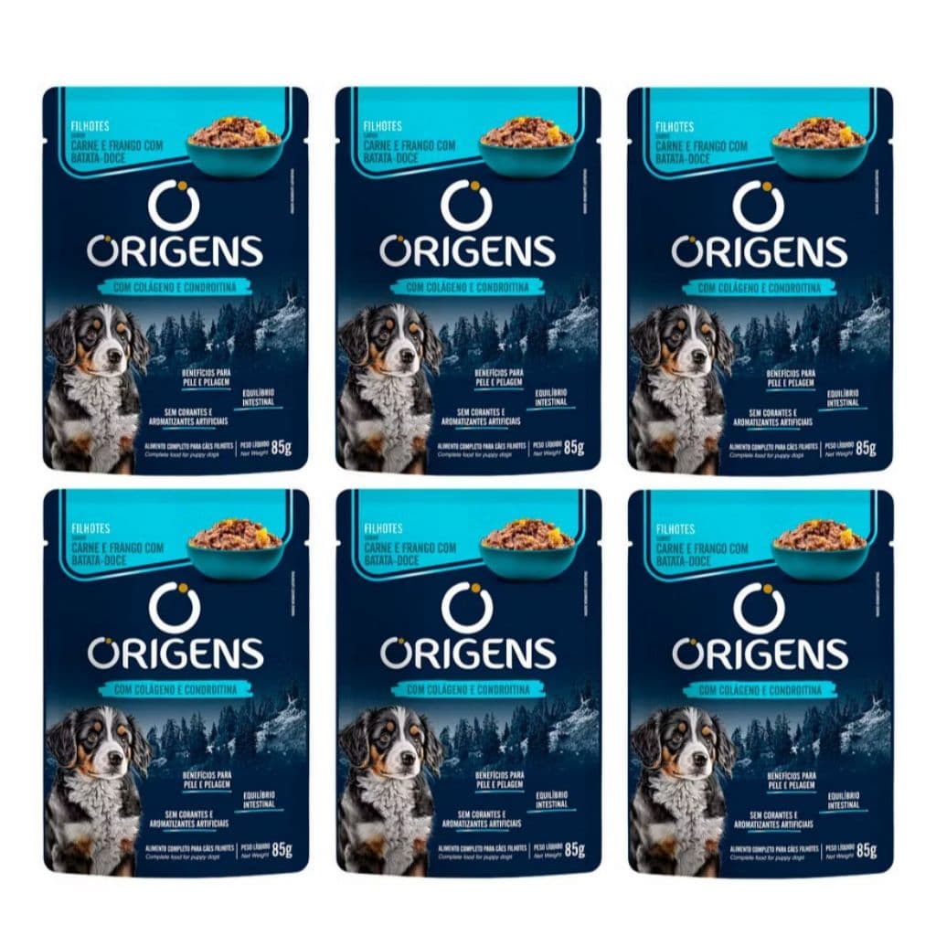Kit 6 Saches Origens para Cães Filhotes Sabor Carne com Frango e Batata-Doce 85g cada