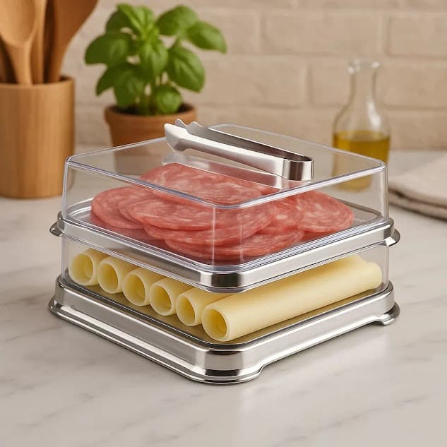 Conjunto Porta Frios Duplo Empilhável C/Pegador Pinça Mesa Geladeira Forma Queijo Presunto Salame