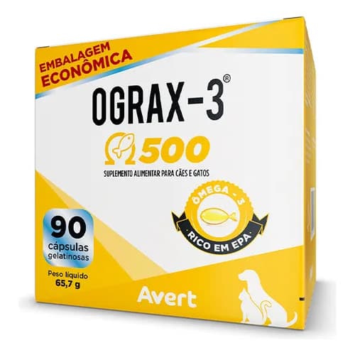 Ograx-3 500 mg Avert – 90 Cápsulas Ômega-3 para Cães e Gatos