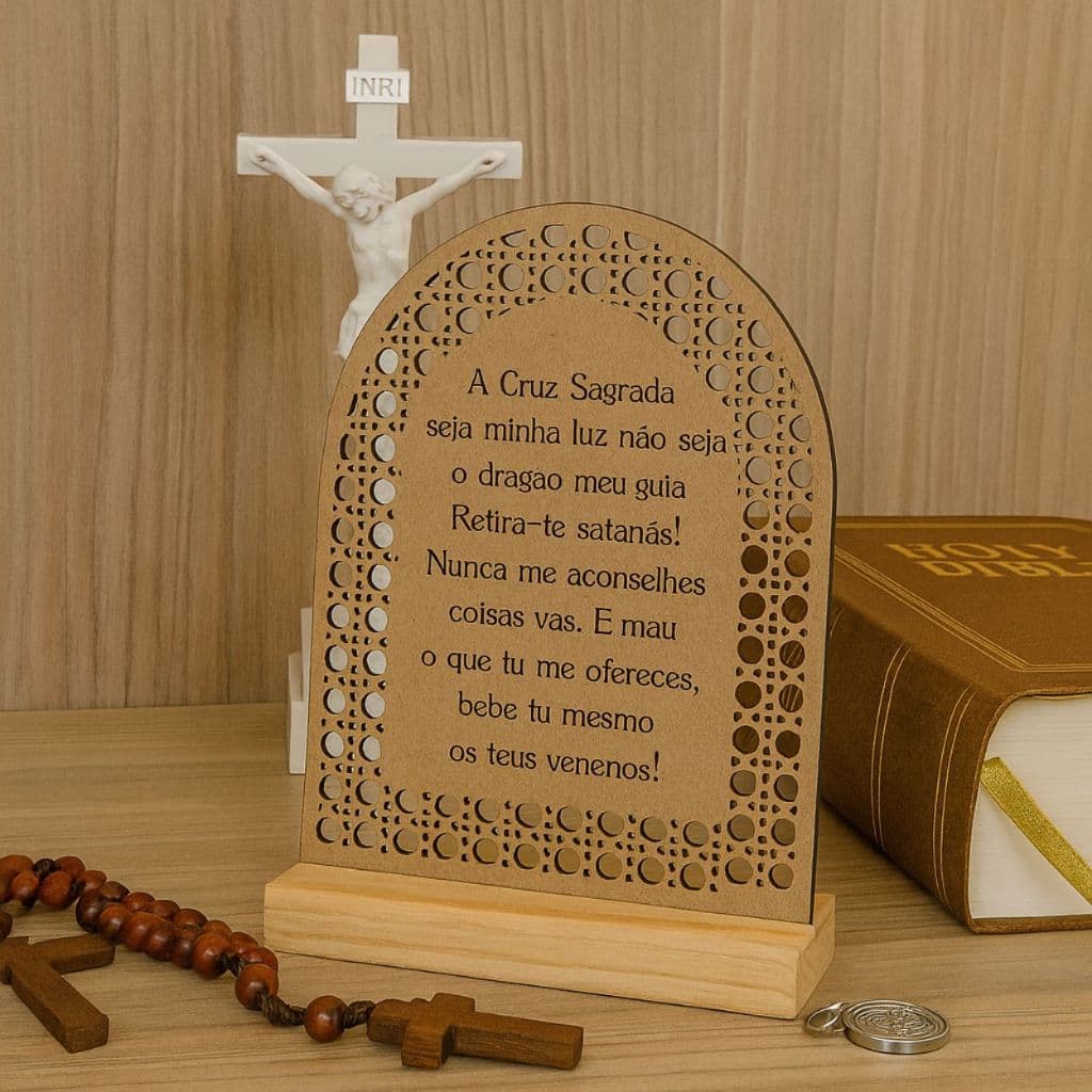 Placa Oração Poderosa de São Bento em Madeira Pinus – Gravação e Detalhes em Palha a Laser