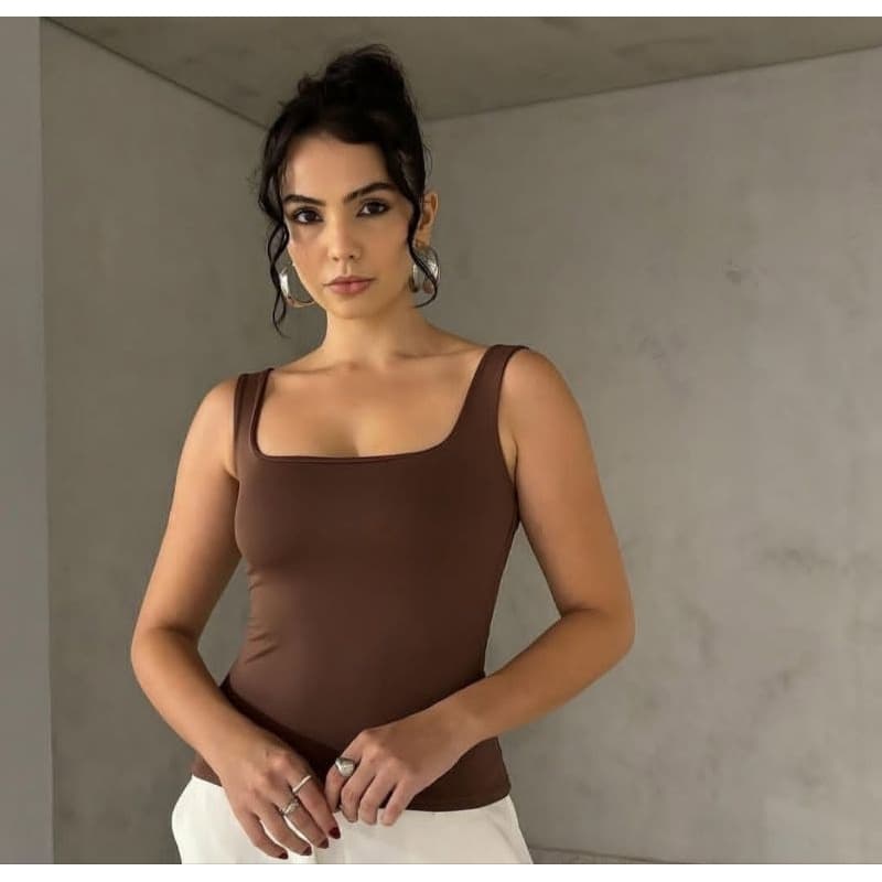 blusa regata feminina decote quadrado poliamida básica casual verão