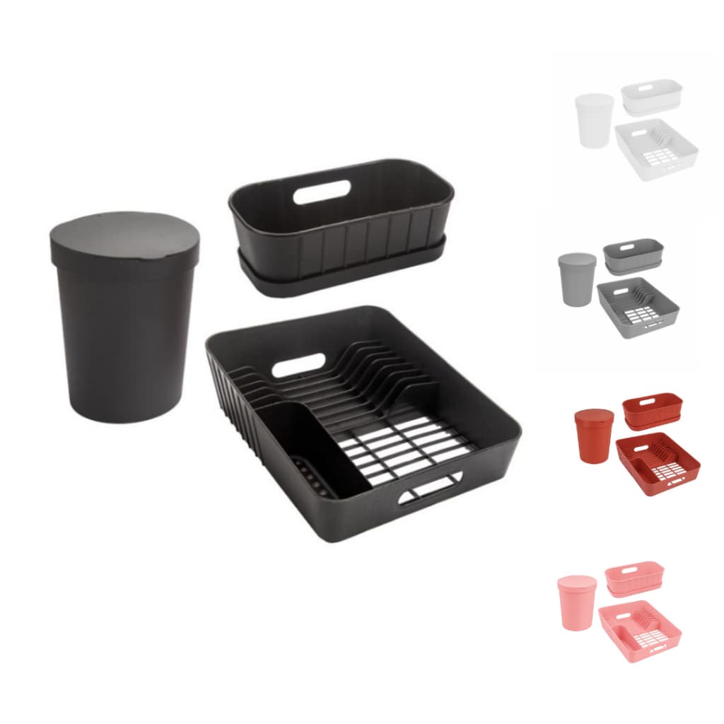 Kit Pia com 3 Peças Escorredor, Organizador de Pia e Lixeira de 3,5l Branco Cinza Preto Rosa