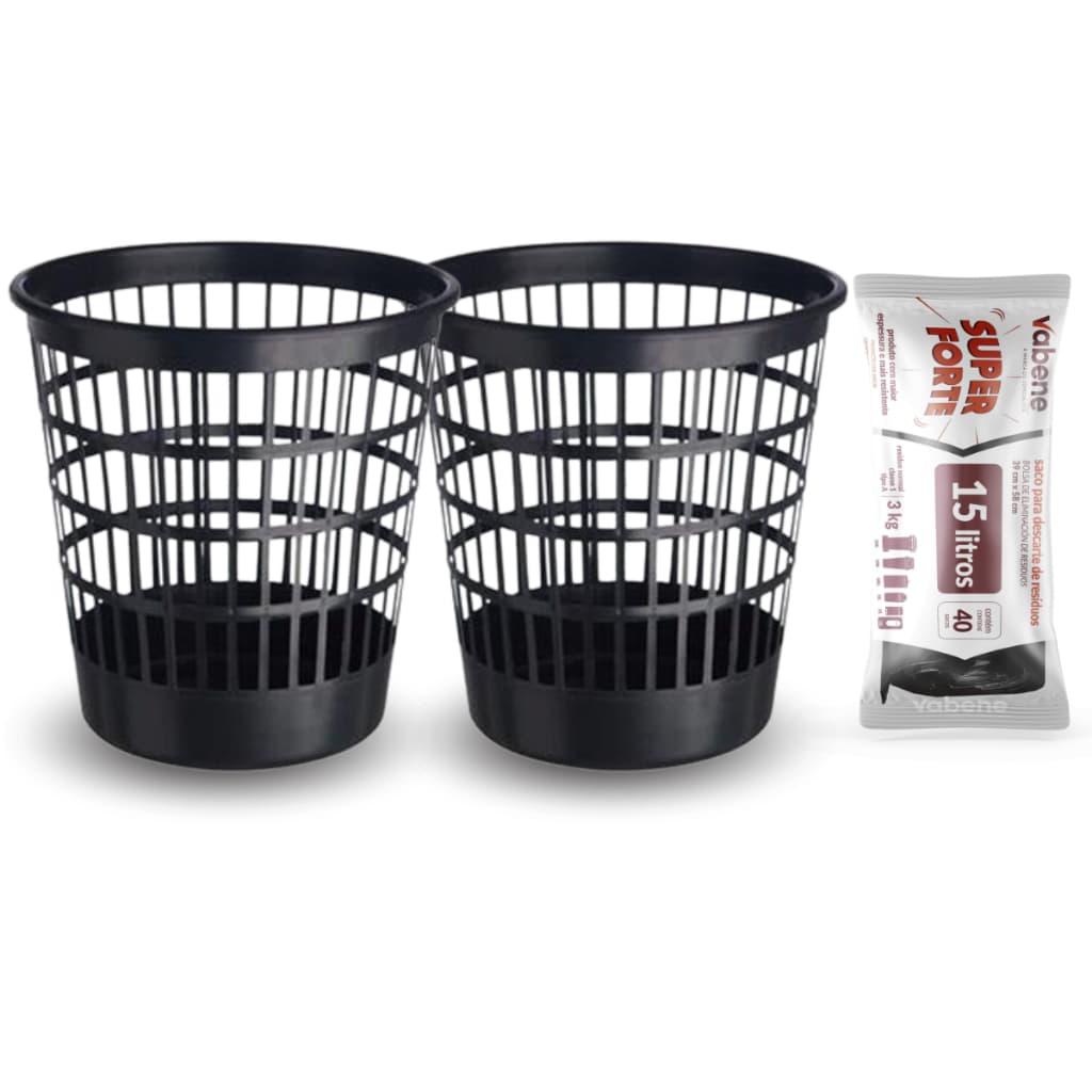 Kit Rolo 40Und de Saco de Lixo 15 Litros + 2 Cestos Telados de Lixo Plástico Preto 10 Litros