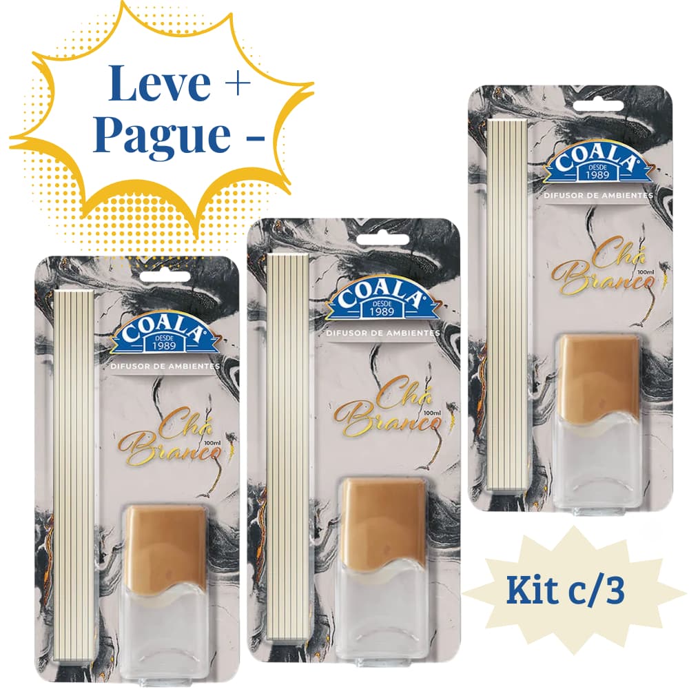 Kit c/3 Difusor de Ambientes Coala Chá Branco 100ml com Varetas – Aroma Suave e Duradouro
