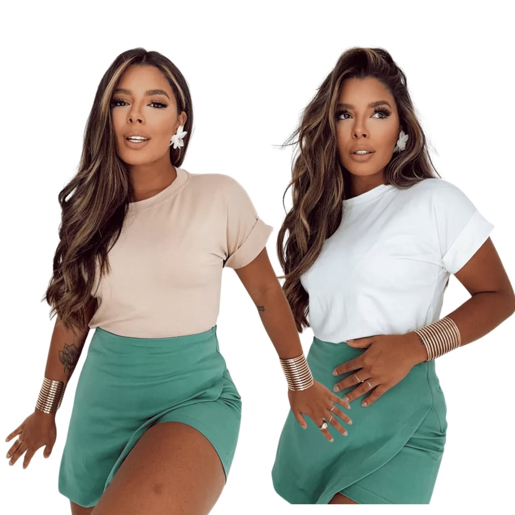 Blusa Feminina Tshirt Básica Feminina Lisa Manga Japonesa Dobradinha Minimalista Tendência Verão