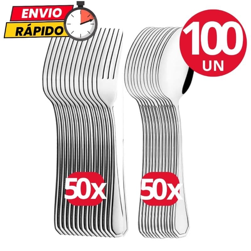Kit C/100 Peças Garfos e Colheres Talher Aço Inox Luxo Sopa Bar Restaurante Buffet Faqueiro