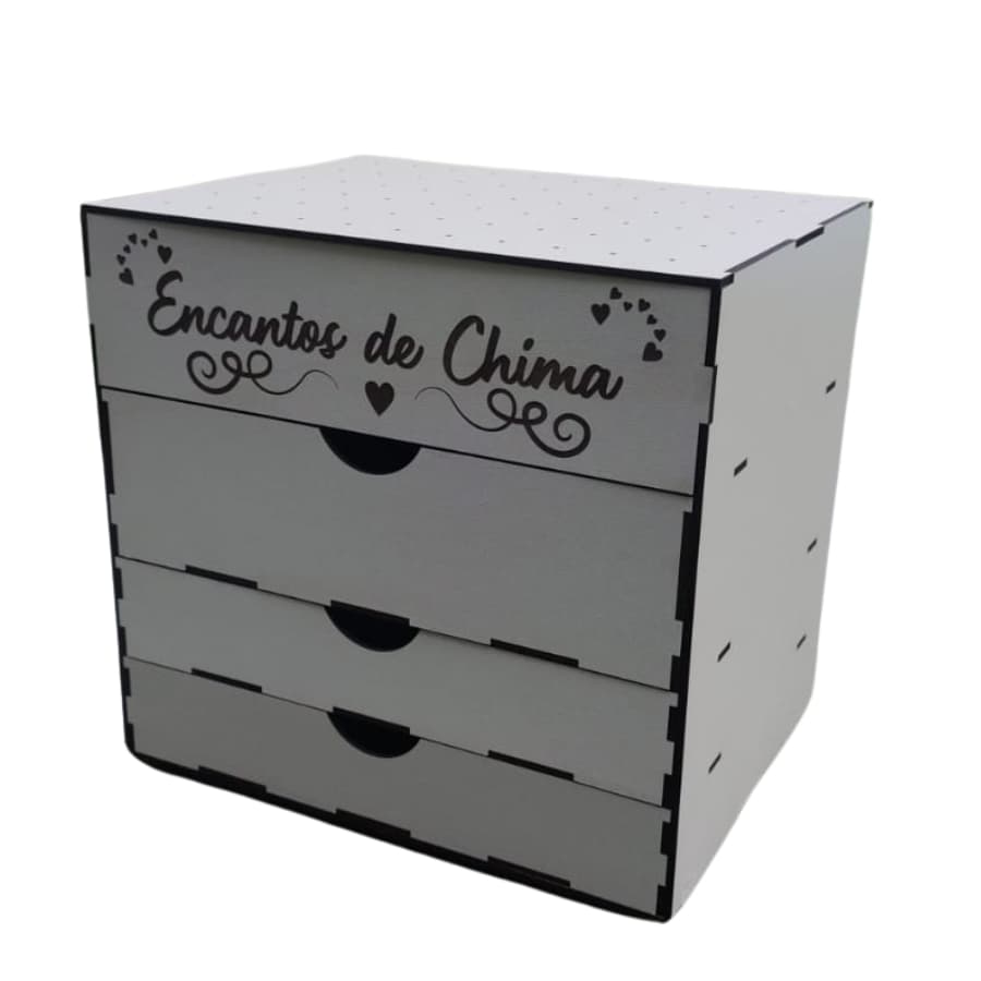 Caixa Expositora de Enfeites, MDF 3mm Cor Branca, 3 Gavetas, Frase "Encantos de Chima", Perfeito Para Organizar Enfeites
