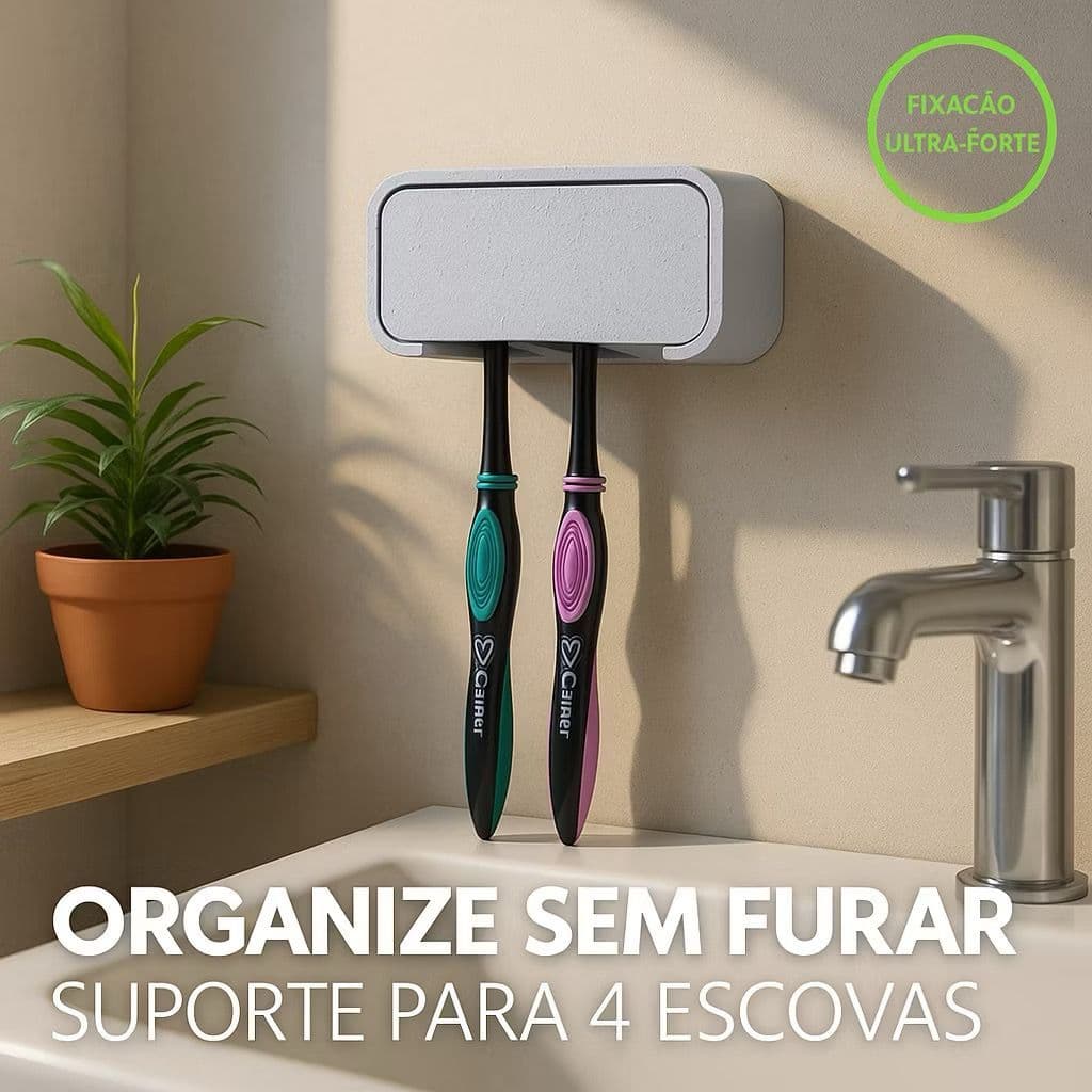 Porta Escovas de Dente Parede – Fixação Sem Furo – Suporte Para 4 Escovas + Fita Dupla Face Forte