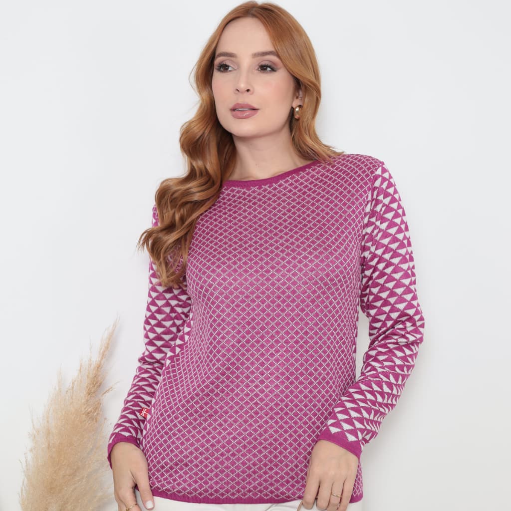 Blusa Feminina Jacquard Xadrez de Tricot tipo Suéter Manga Longa Moderna Estilo Outono Inverno