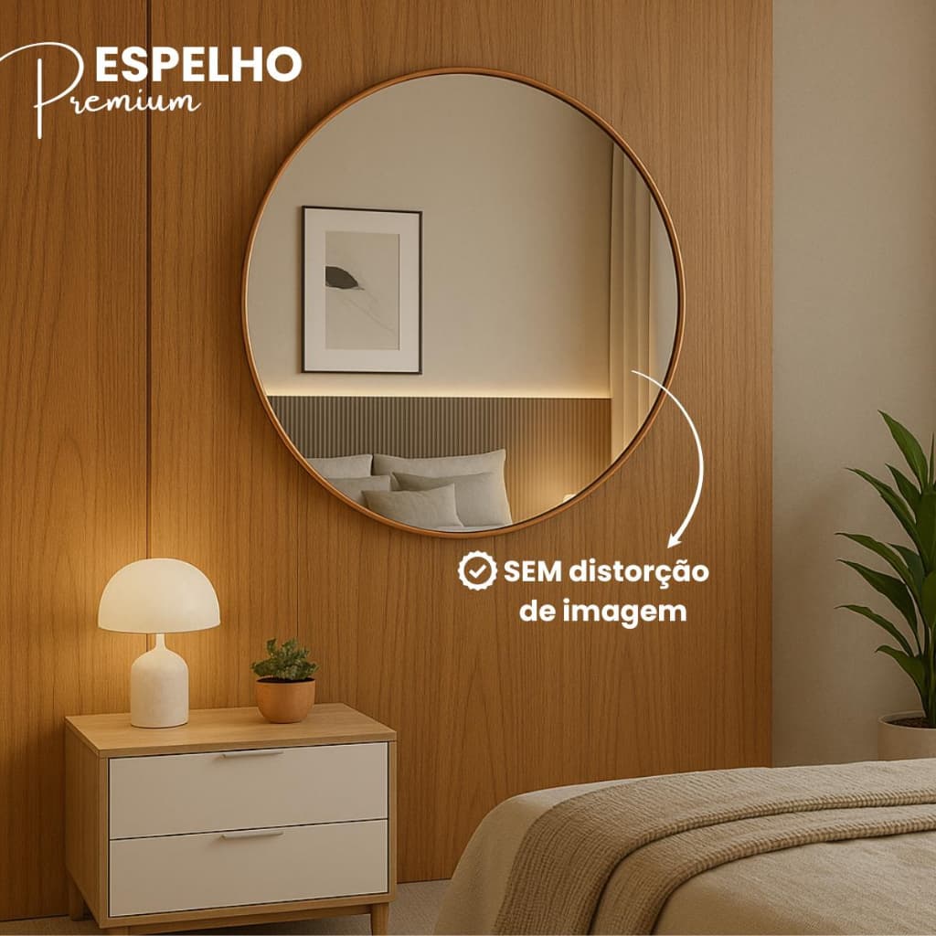Espelho Adnet Redondo Luxo Couro Costurado 30 40 60cm com Suporte Fixação Sala Quarto Banheiro Hall