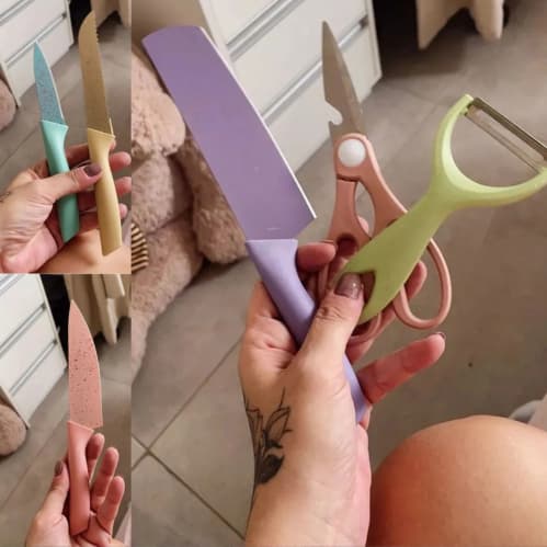 Kit de Conjunto Facas Coloridas Tesoura Descascador Cozinha Gourmet 6 Peças