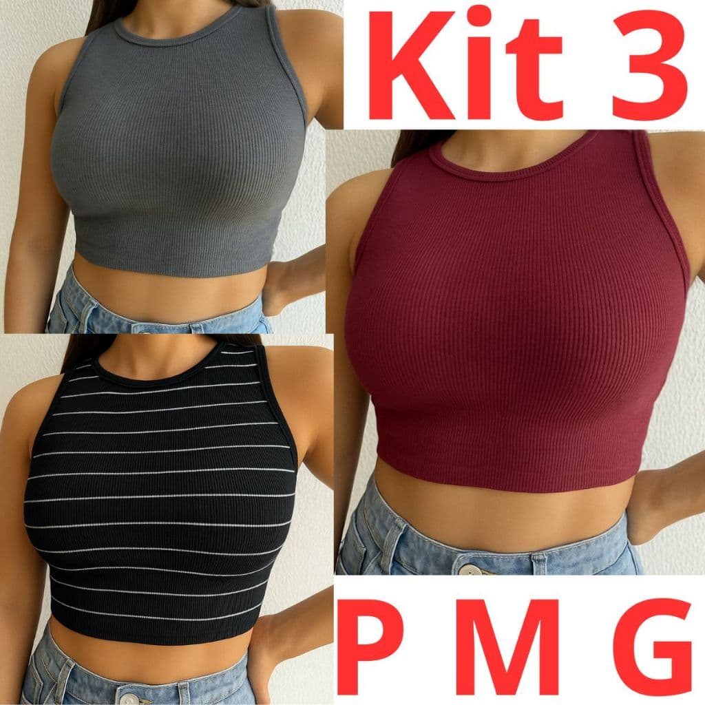 Kit 3 Camisetas Cropped Feminino Casual Regata Feminina Ribana Nadador Top Básico Justo Confortável Tendência Moda Verão