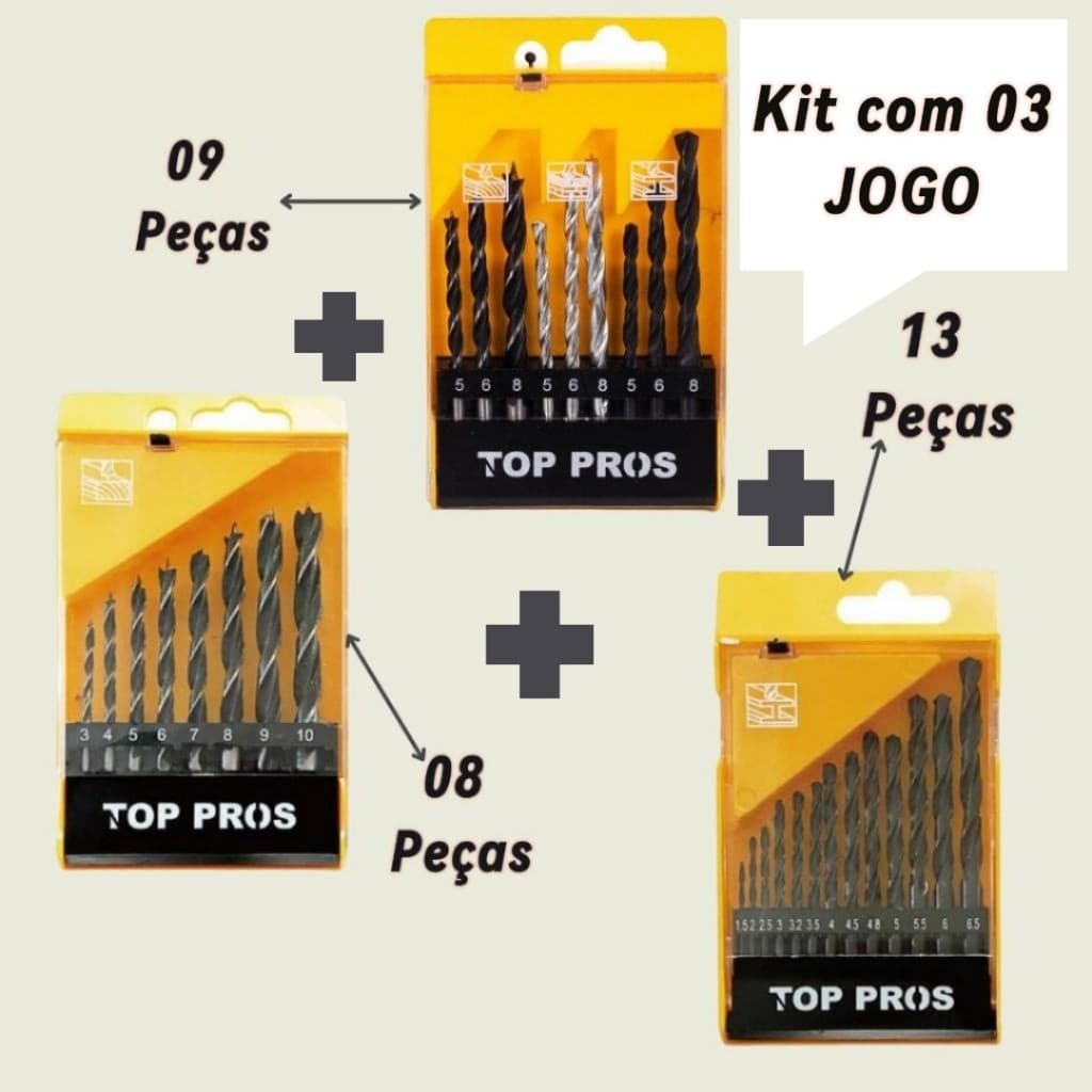 Kit com 03 Jogo de Broca Aço Rápido para Metal Madeira Aço sendo 8/9/13 peças