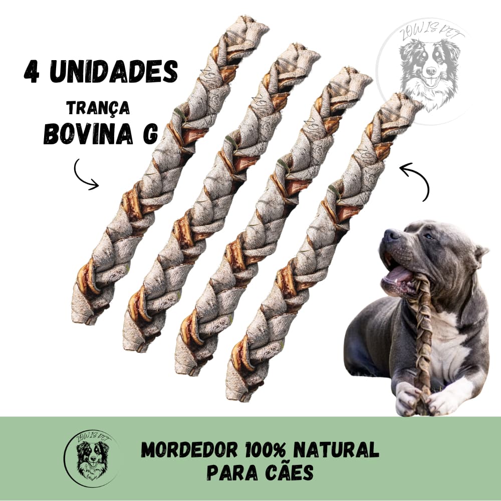 Kit 4 Tranças de Couro Bovino para Cachorro Natuka - Mordedor Natural Desidratado Pet P M G
