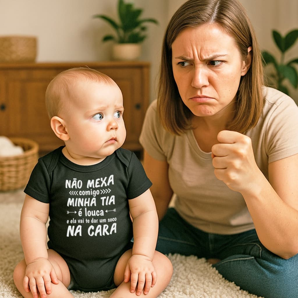 Body Bebê Algodão Estampa Frase Não Mexa Comigo Minha Tia é Louca Ela Vai Te Dar Um Soco na Cara