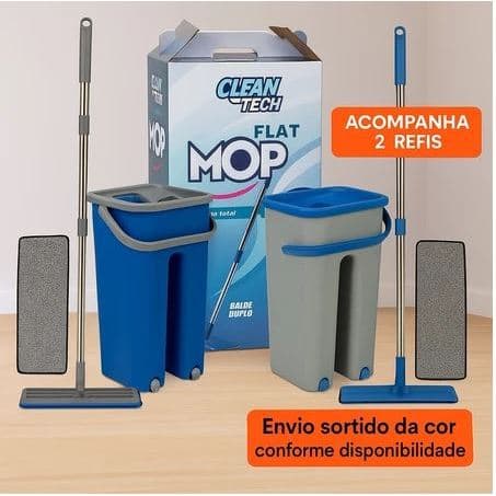 Rodo Flat Mop 2 Refis Esfreg茫o Com Balde Rodo M谩gico Lava Seca Tira P贸 Limpeza Profissional