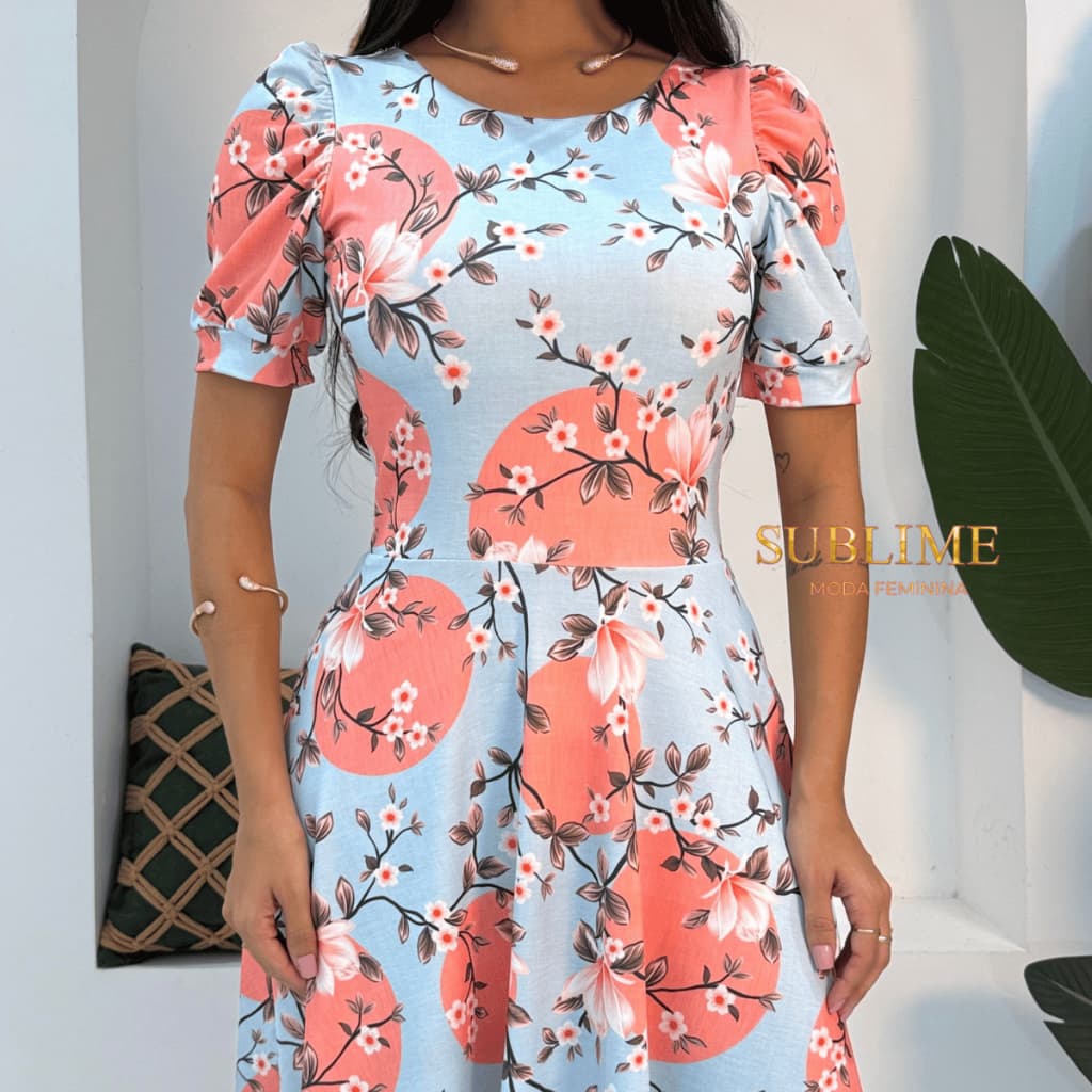 Vestido Manga Princesa Estampado Moda Evangélica Godê Midi