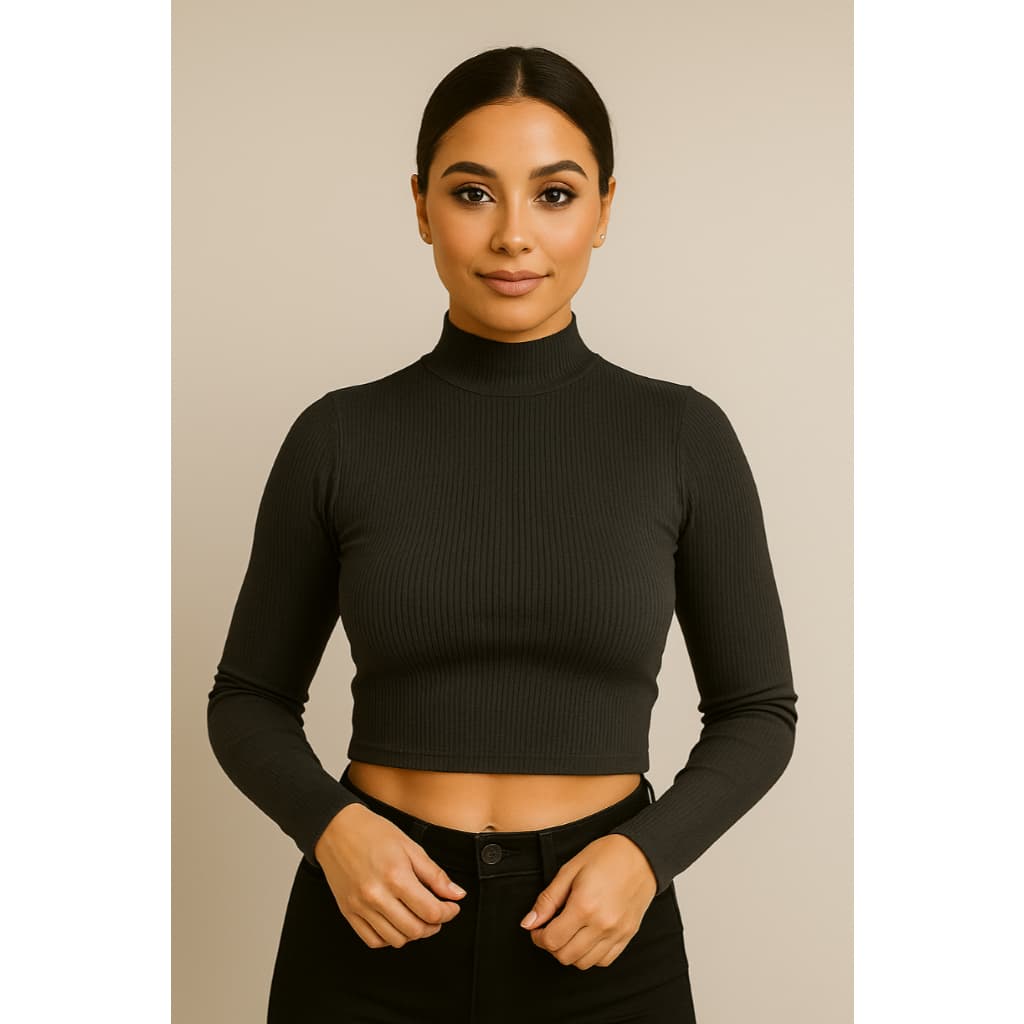 Blusa Feminina Manga Longa Gola Alta Cropped