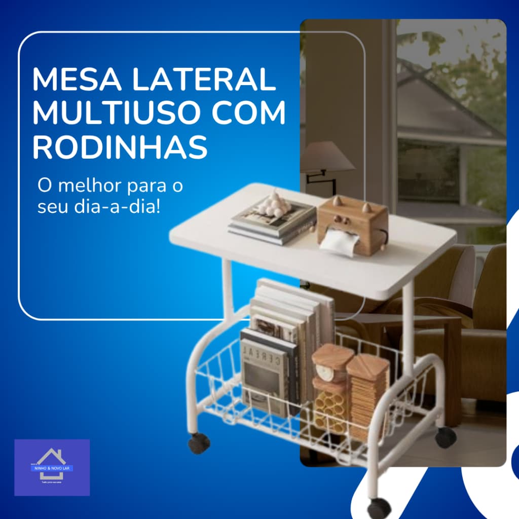 Mesa Lateral Multiuso com Rodinhas Branca – Notebook, Sofá, Quarto, Sala