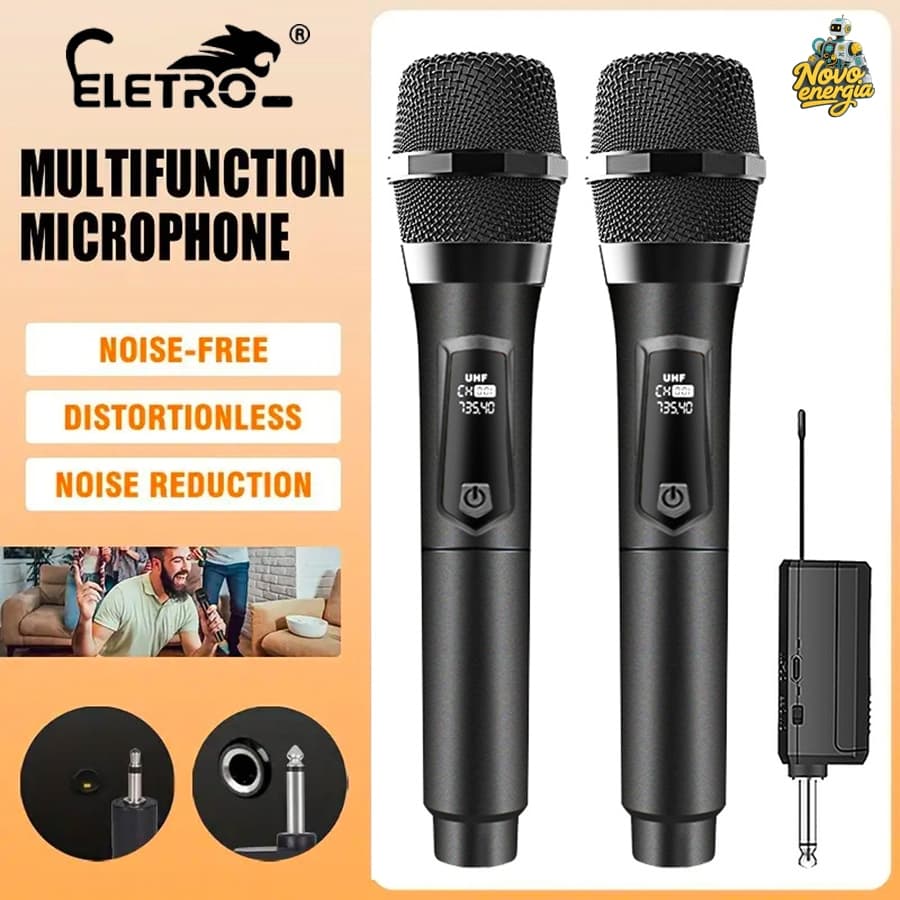 Microfone dinâmico sem fio profissional UHF duplo (recarregável)