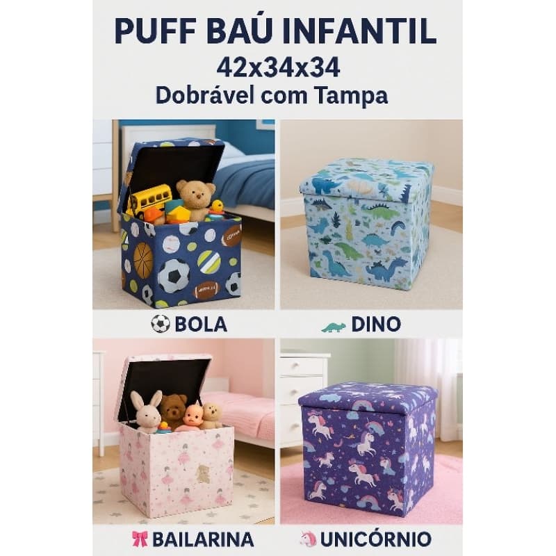 Puff Baú Infantil 42x34x34 Dobrável | Estampas Bola, Dino e Bailarina | Organizador com Tampa