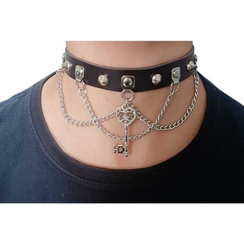 CHOKER GARGANTILHA CHAVE  CORRENTE  SPIKE COLEIRA GOTICO PUNK