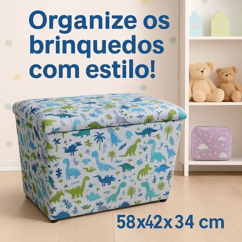 Puff Baú Infantil Grande 58x42x34cm Dino | Organizador de Brinquedos | Dobrável | Quartos e Brinquedoteca