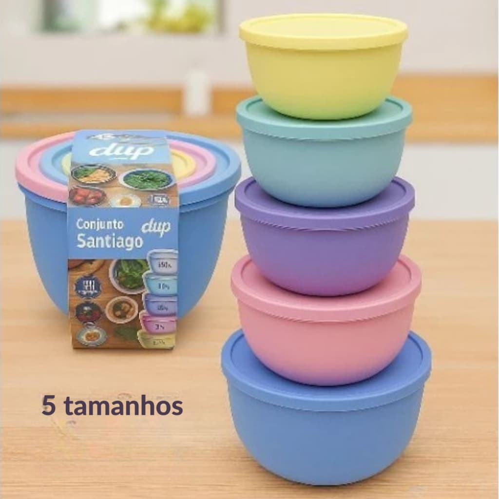 Kit 5 Tigelas Com Tampa Santiago Dup Conjunto Potes Herméticos Micro-ondas Freezer BPA FREE