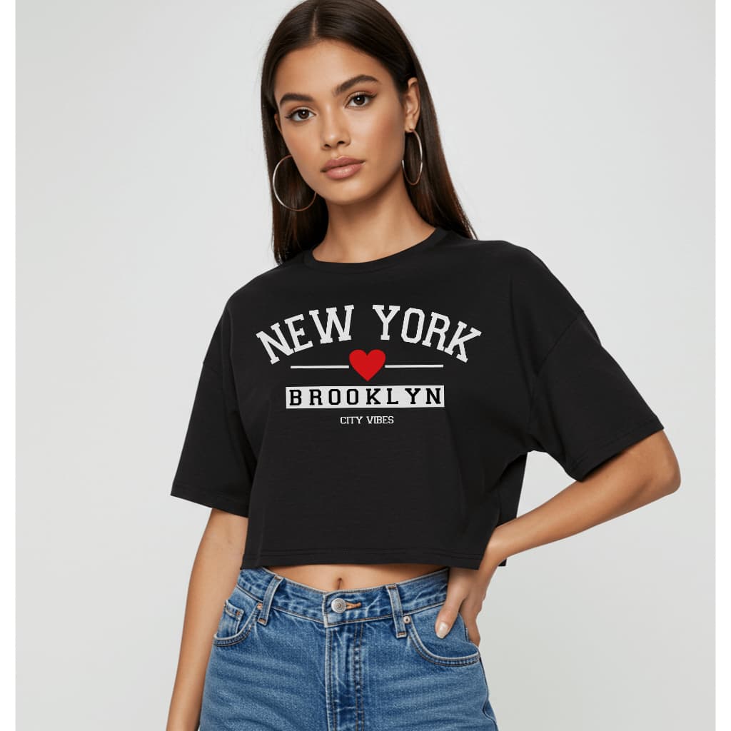 Cropped Feminino Estilo College New York Brooklyn Oversized