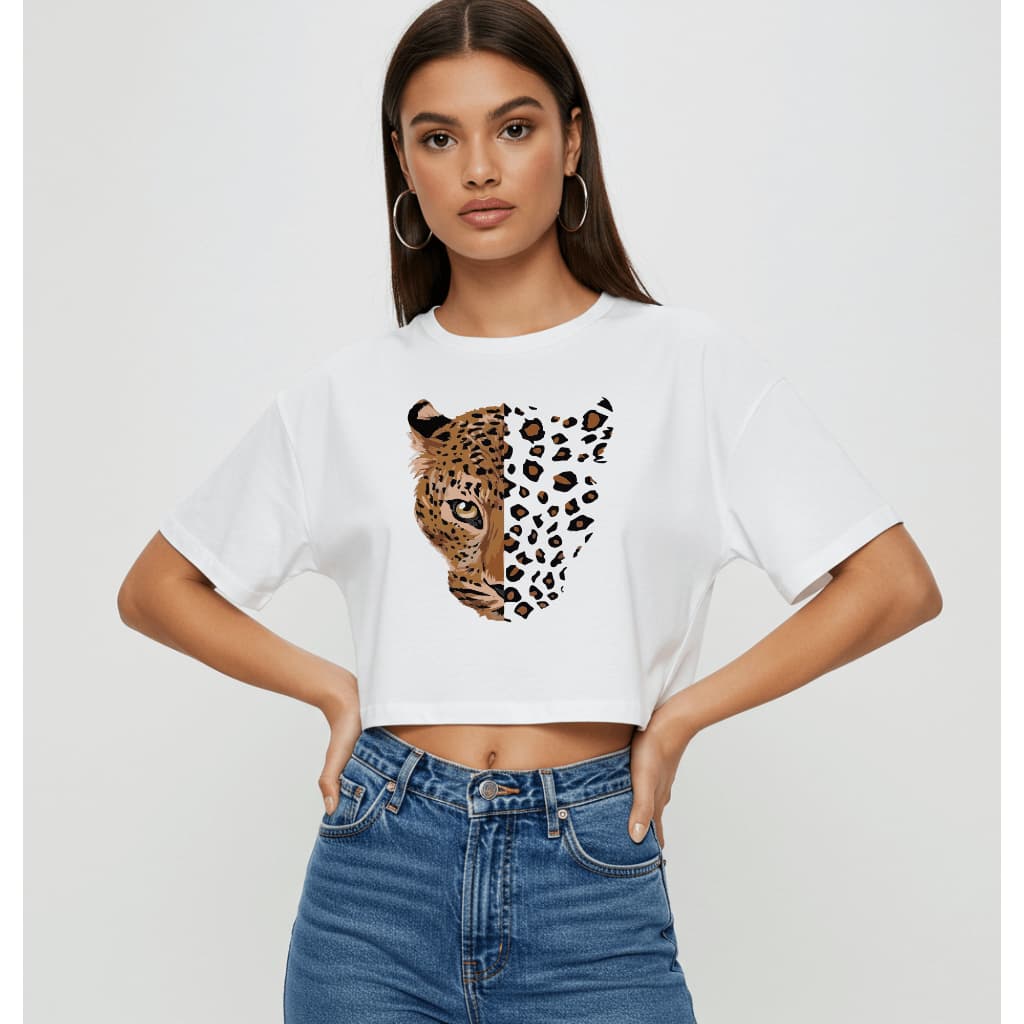 Cropped Feminino Oversized Estampa Onça Estilo Animal Print