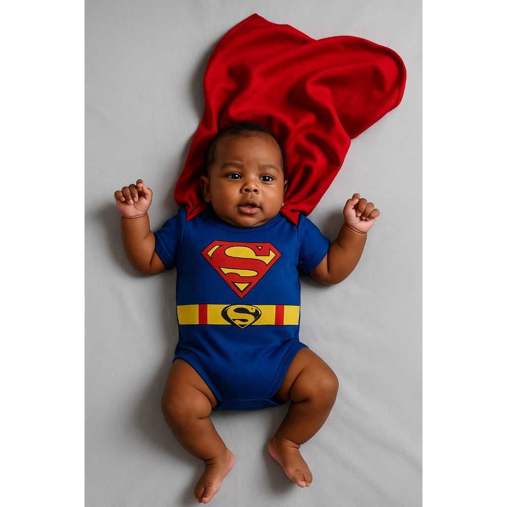 Body  Com Capa Removível SUPER MAN Fantasia Herói Menino Super Homem  Bebê Bori Mesversário Bore Algodão