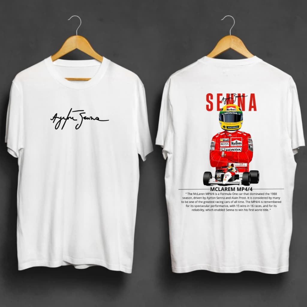 Camiseta Unissex  Blusa Tendência Ayrton Senna F1 MP4 Frente e Costa Algodão Qualidade Premium Envio Imediato