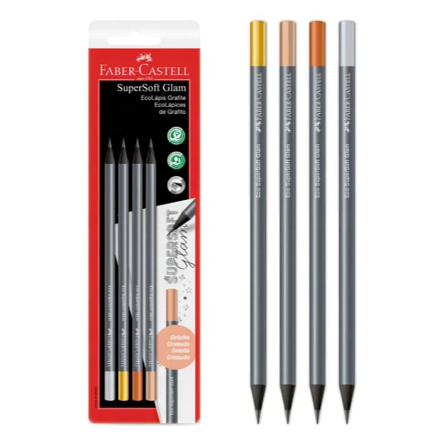 Lápis Preto Grafite Faber-Castell SuperSoft Glam Detalhe Cromado 4 Unidades