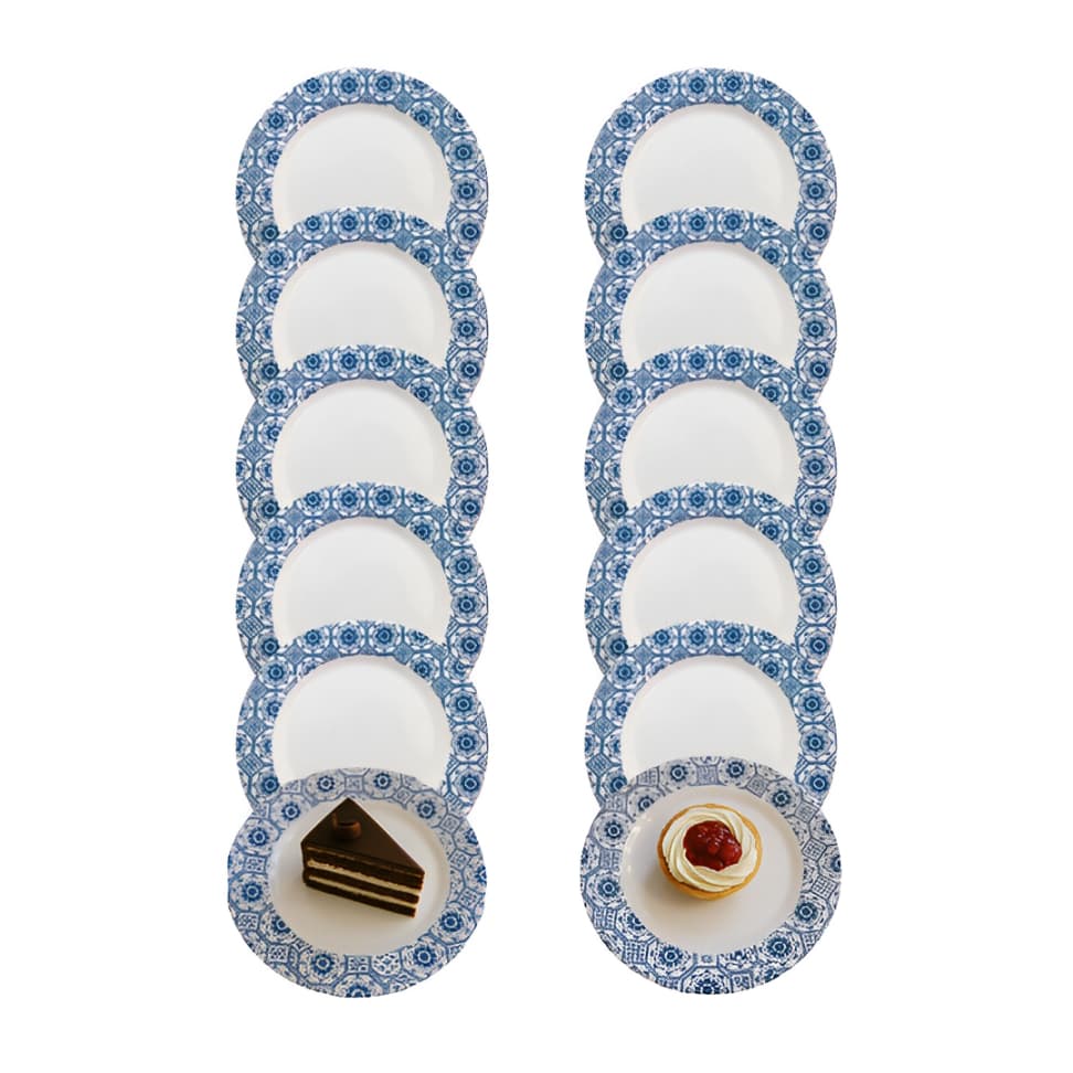 12 Pratos Sobremesa Melamina 20cm Azul Decorados Refeição Festa Comida