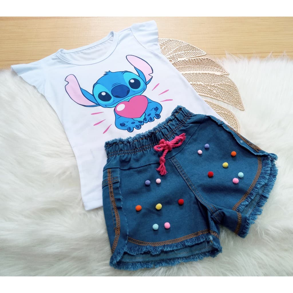 Conjunto Infantil Feminina Bebê Menina Blusa Malha Short Jeans Estiloso Pompom Personagens